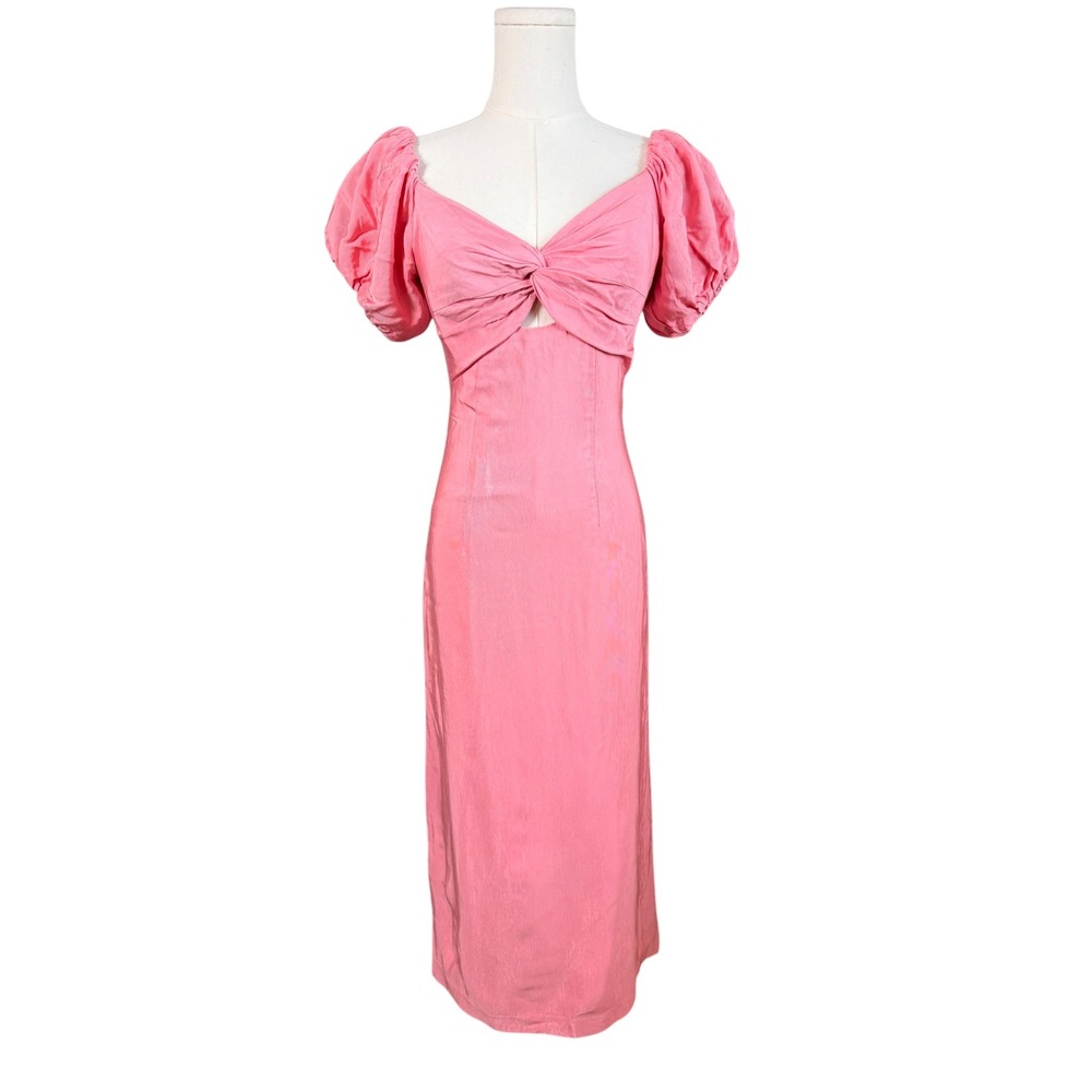 ML Monique Lhuillier Pink Twist Front Puff Sleeve Midi Dress Sheath Size 0-2
